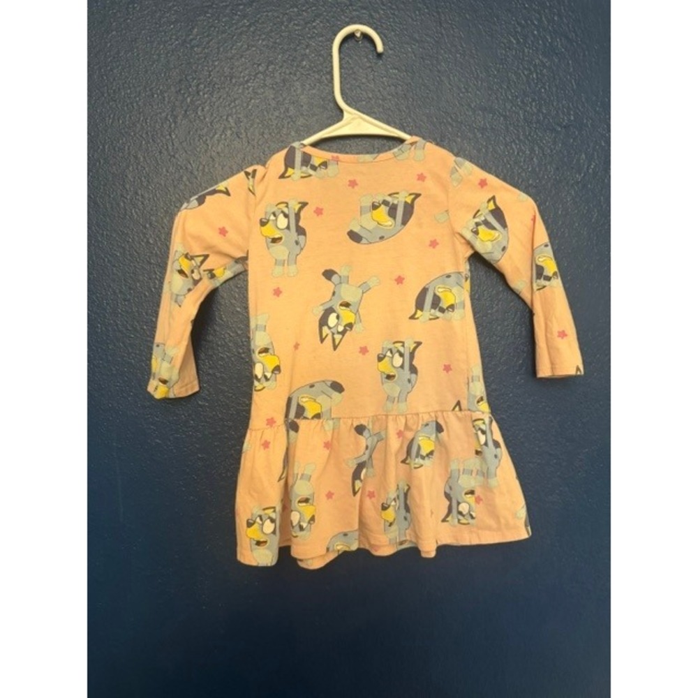 Bluey Girls Long Sleeve Dress Peach Orange All Over Print Ruffle Hem Size 3T